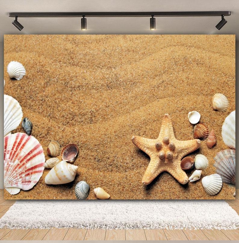 Sommer Strand Sand Hintergrund Fotografie Tropisch Hawaii Meeresufer Seestern Muschel Baby Geburtstag Feiertagsparty Hintergrund Foto Requisiten
