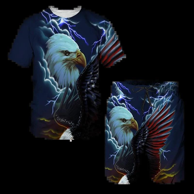 Nuovo set estivo da uomo T-shirt e pantaloncini Aquila Bandiera USA Set 3D Set due pezzi Tempo libero Moda Manica corta Set completo di abbigliamento