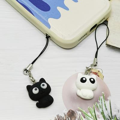 1 Uroczy wisior na smyczy do telefonu z kotkiem, Uroczy czarno-biały design kota, Pasuje do etui na telefon, torebek i etui na słuchawki