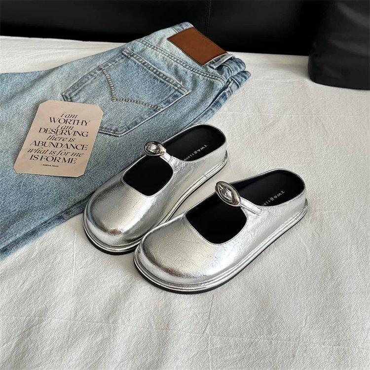 

2025 лето новая сумка тапочки с закрытым носком женская мода толстая подошва мелкий вырез не устают ноги полусабо одинарная обувь с юбкой ленивая обувь 35 серебряный
