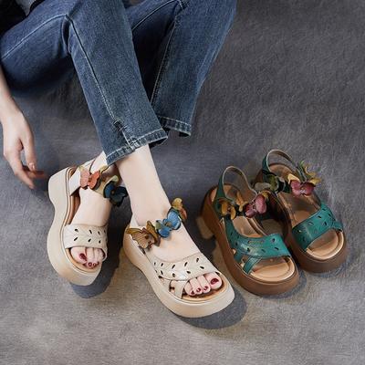 Retro Genuine Leather Peep Toe Roman Sandals Versatile Soft Soled Women's Platform Shoes