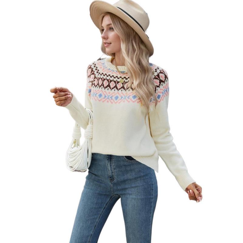 Ladies Autumn Winter Long Sleeve Round Collar Pullover Color Matching Warm Knitted Sweater Knitwear Top