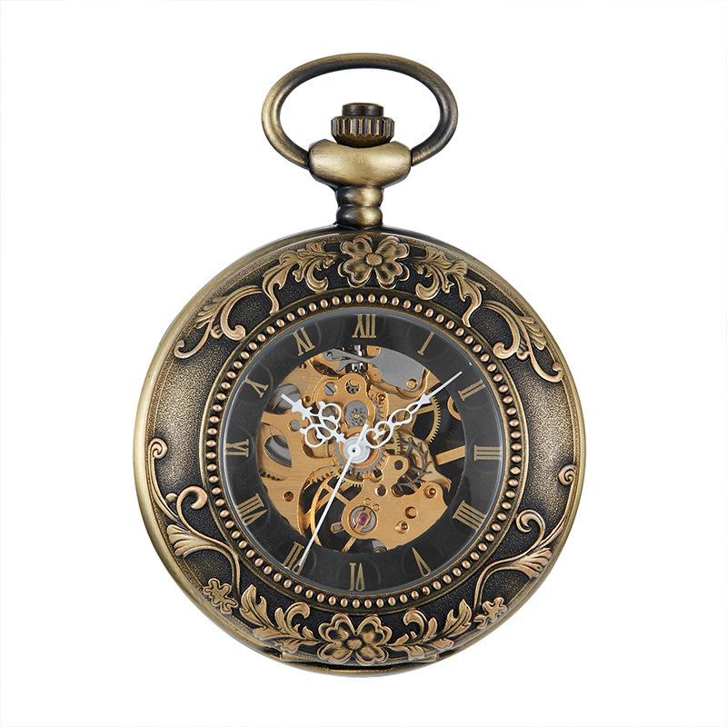 Classic Vintage Double Open Engraved Flip Roman Numerals Large Semi-Automatic Pocket Watch