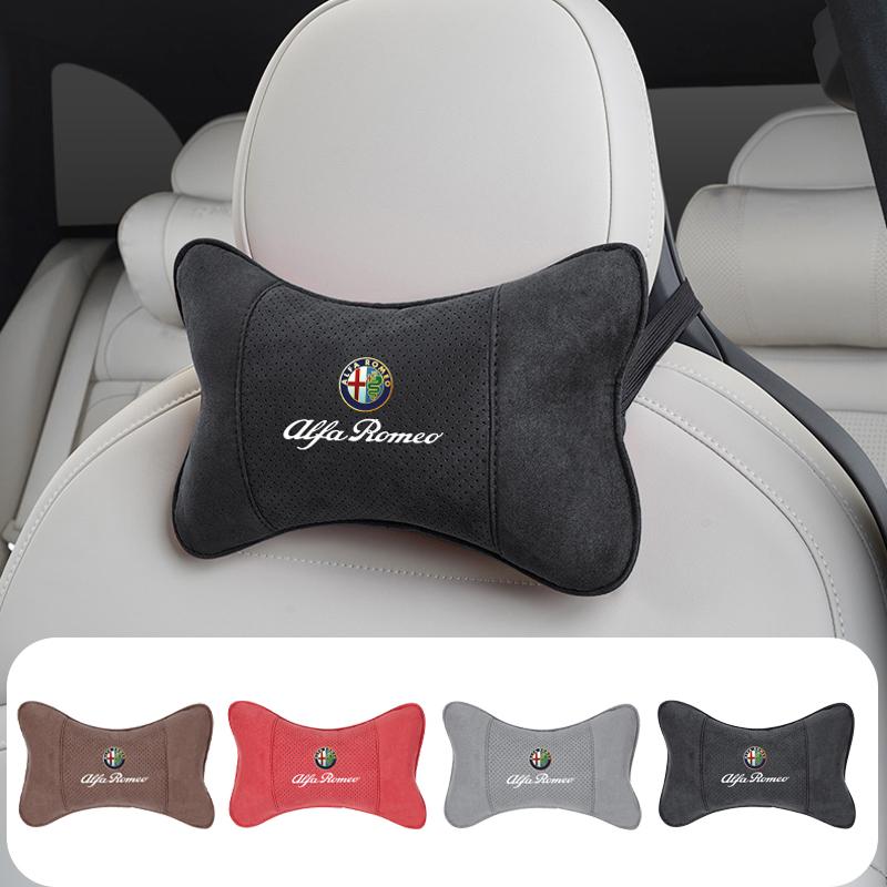 1Pcs Car Neck Pillow Suede Car Seat Headrest Accessories For Alfa Romeo 156 159 147 4C 8C 166 Giulia Giulietta Mito Stelvio