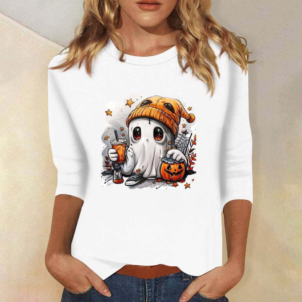 Women's Fashion Casual Three-quarter Sleeve Halloween Printed Round Neck Top