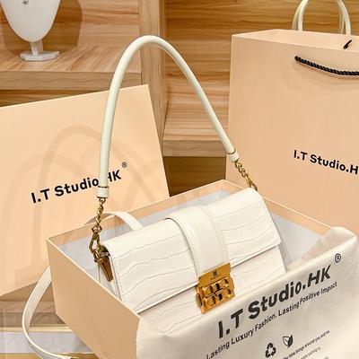 Modische Umhängetasche aus echtem Leder mit Vintage-Schlössern, Unterarmtasche für Damen, einfache Umhängetasche, vielseitige Achseltasche in Volltonfarbe