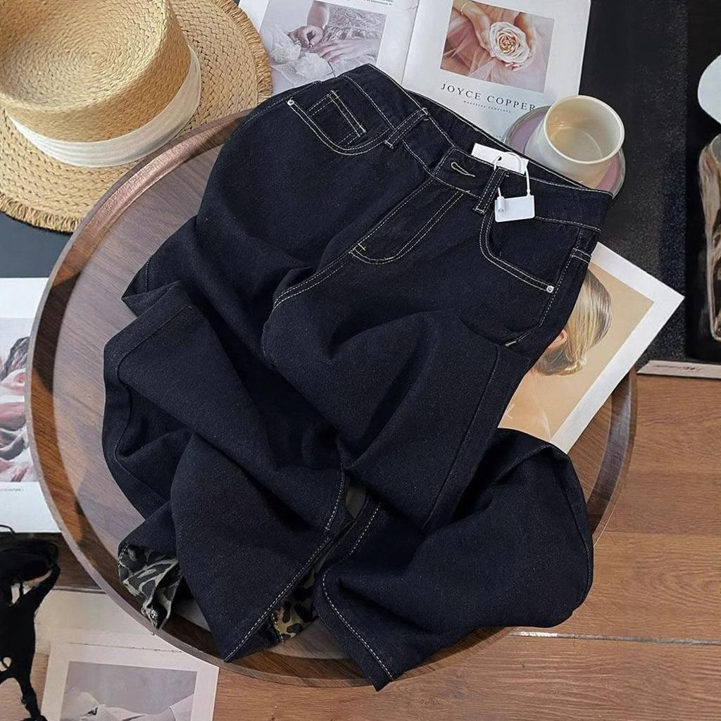 Leopard Splicing Jeans Women Spring and Autumn Big Yards High-waisted Loose Skinny Design Sense Straight Towing Trousers Tide Long Denim Pants