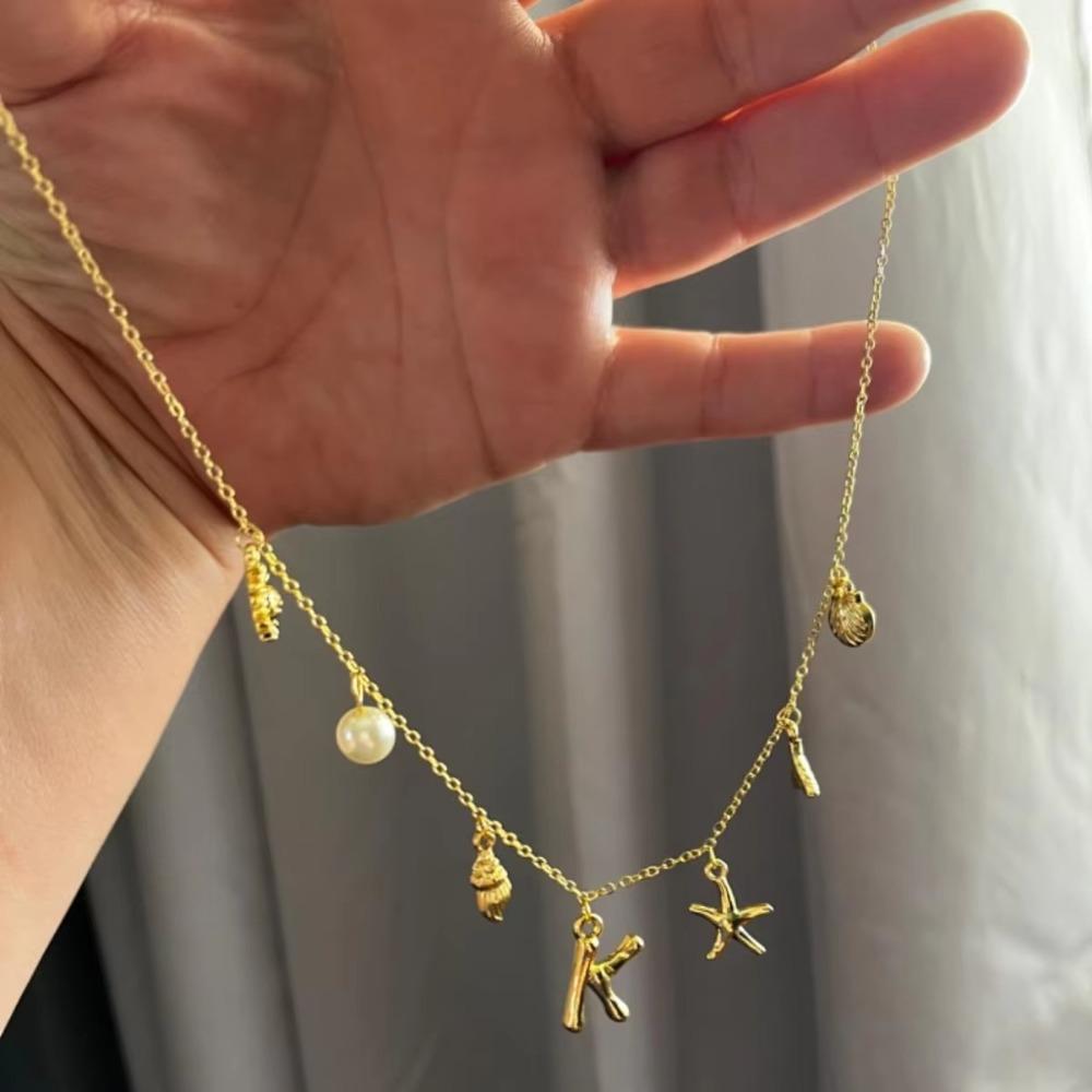 Starfish Shell Necklace Copper Pearl Choker Personality Letter Pendant Necklace  Daily Life