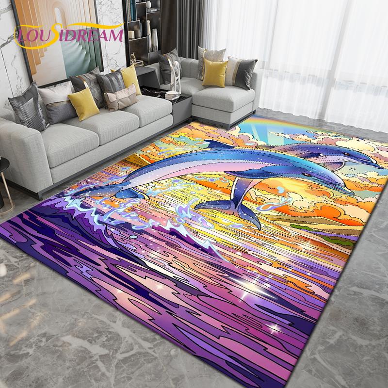 Ocean Underwater World Fish Dolphin Octopus Area Rug,Carpet Rug for Living Room Bedroom Sofa,Kitchen Bathroom Non-slip Floor Mat