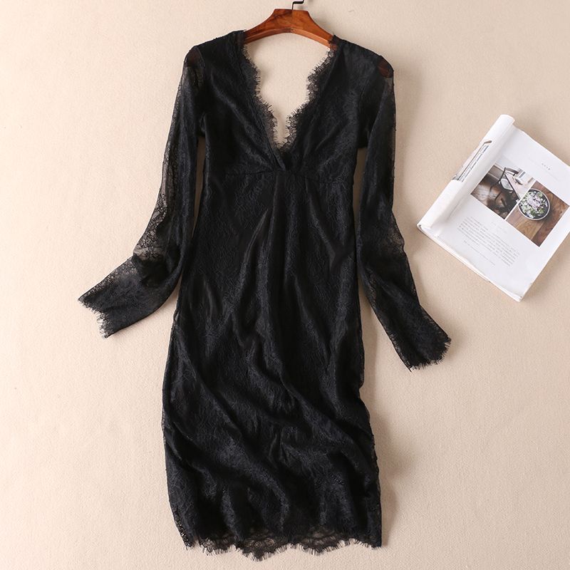 

D392 Foreign Trade Deep V See-through Slim-Fit Lace Dress Black XS