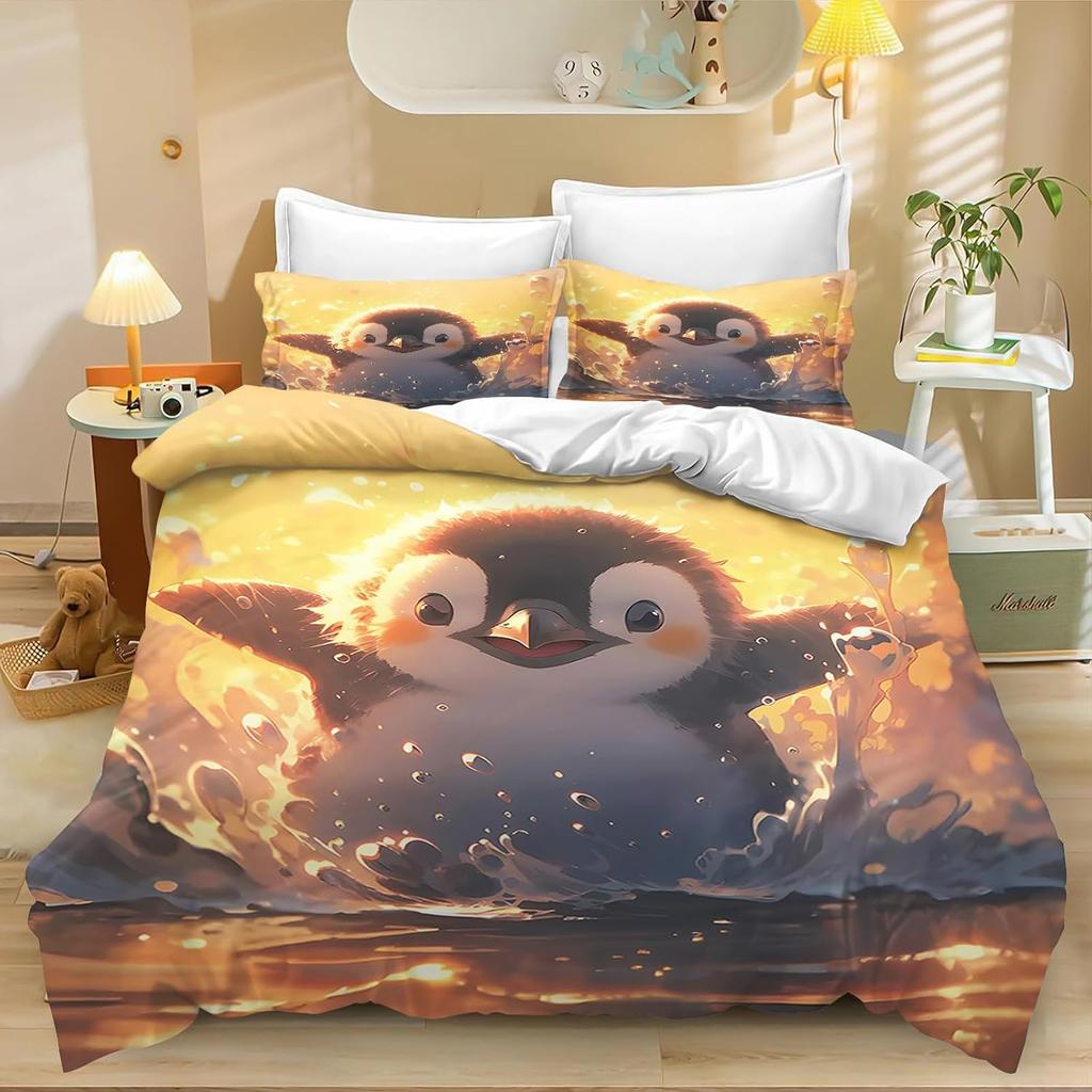 Penguin Cartoon Duvet Cover Set, Children'S Microfibre Quilt Cover,Cartoon Penguin Bedding Set, With Zip And Pillowcases 75*50Cm