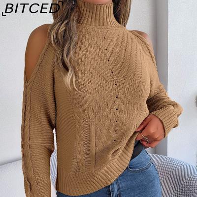 Autumn and Winter Casual Strapless High Neck Hollow Long Sleeve Knitted Pullover Sweater Women's