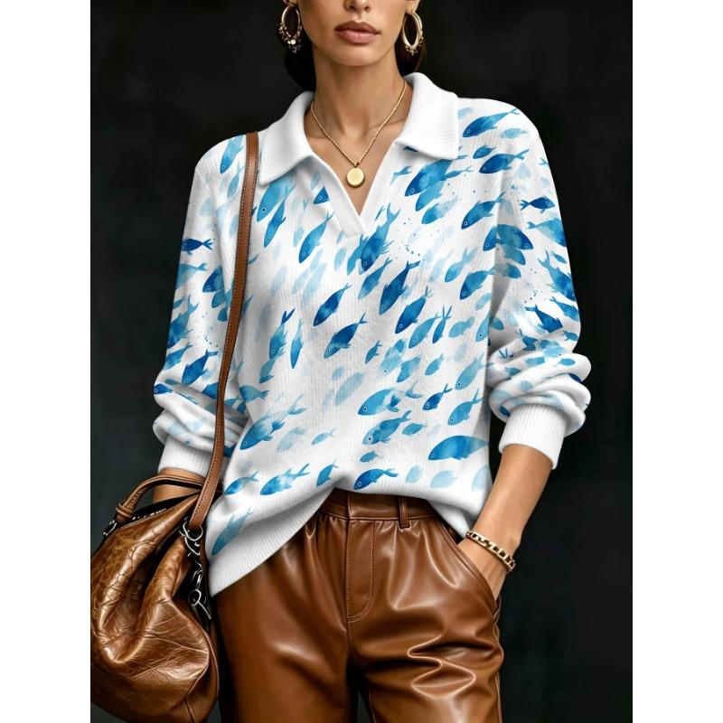 2026 New Women's Loose Printed Faux Wool Knitted Pullover Blue Fish Watercolor Pattern Fresh Ocean Style Daily Casual Versatile Top