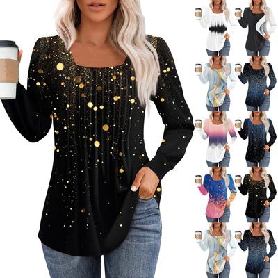 Μακρυμάνικα πουκάμισα για γυναικείες μπλούζες Dressy casual μπλούζες με πλισέ τετράγωνο μπλουζάκι με λαιμόκοψη