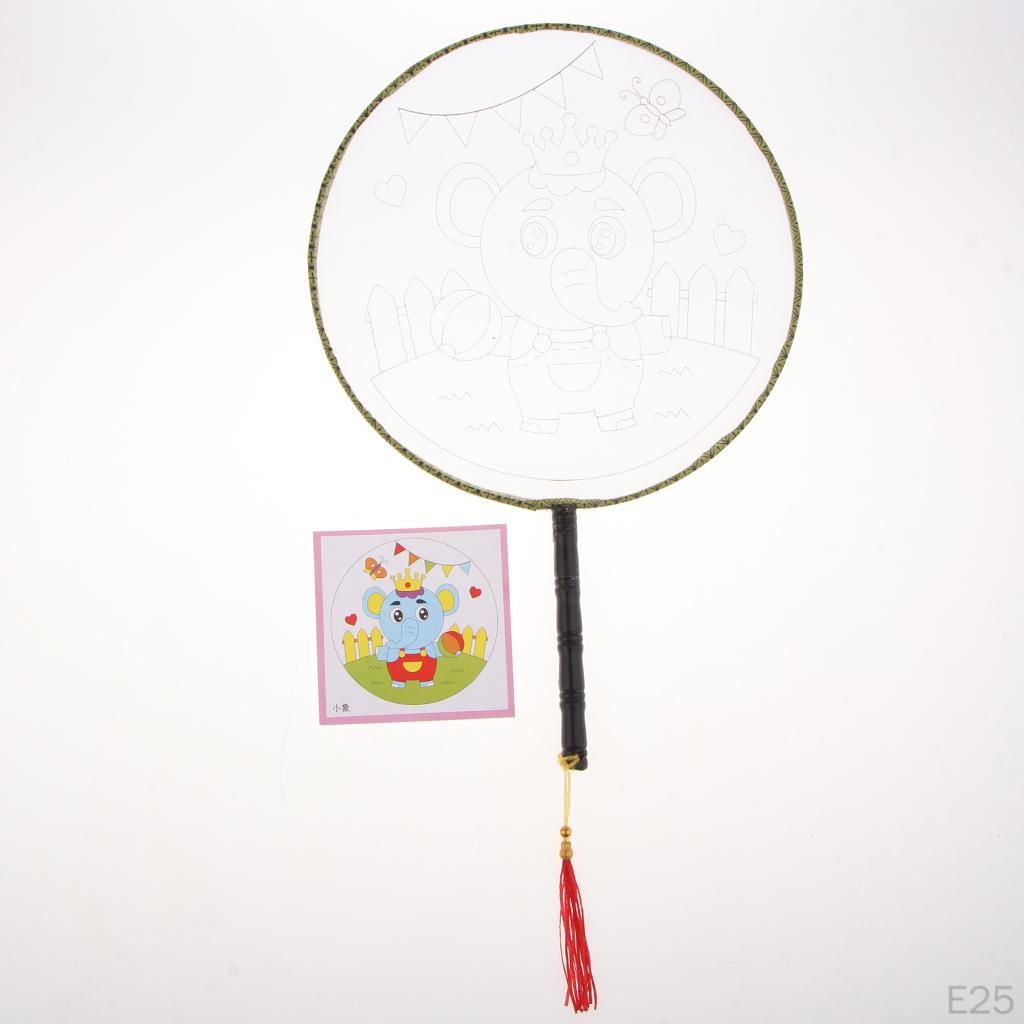 1 piece Ancient Handheld Fan Round Paddle Mandarin Handle with Fabric, Blank Patterns