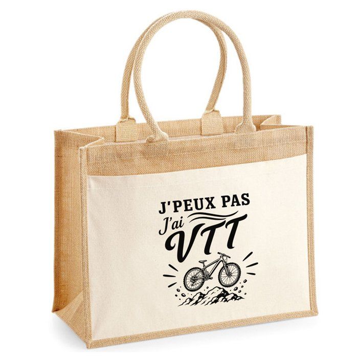 Sac Cabas - PLANETEE - J’peux pas j’ai VTT (minimaliste) - Toile de jute et coton - 21 L (43×33×21 cm) - Anses 65 cm