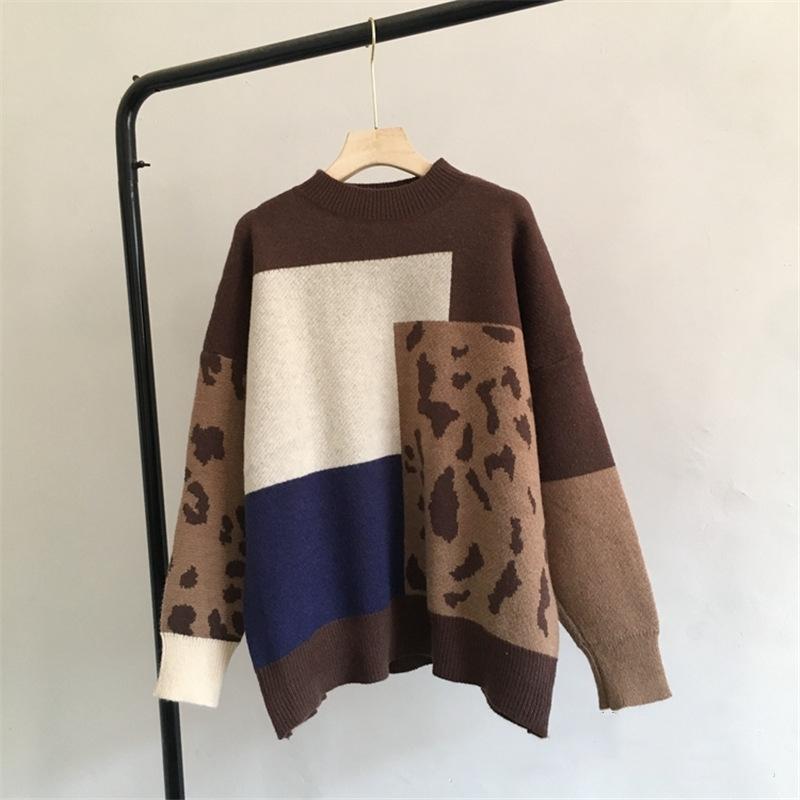 QICED Větrný svetr s patchworkem z leopardího potisku Dámský měkký zahuštěný kašmírový pletený top s dlouhým rukávem ve stylu ins
