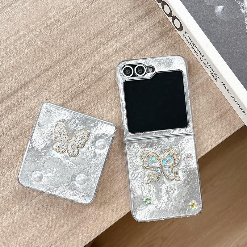 Rhinestone Pearl Bow Phone Case Premium Sense Applicable Samsung Zflip6 Flip Folding Zflip7 Women'S Fashion