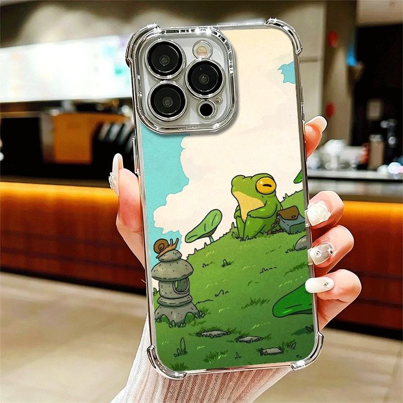 Cute Cartoon Frog Plating Phone Case For Iphone 16 17 Pro Max Air 16E 14 15 Plus 12 13 Mini Anti-Fall Airabag Cover