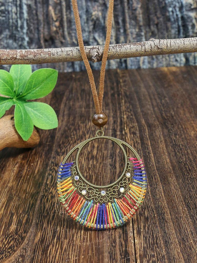 Bague en métal de style ethnique bohème rétro, enroulement de roue à bande, long collier pendentif pour femmes classique et minimaliste