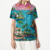 Damen Hawaii-Print Kurzarm Hemd mit Knöpfen, Lässiges Sommer Top