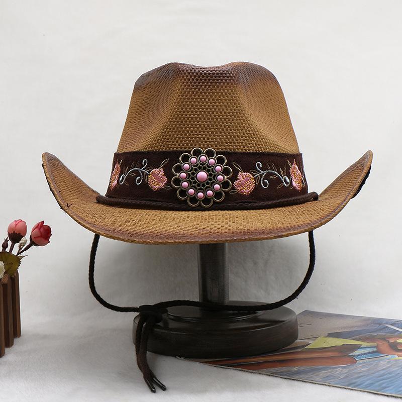 Western Cowboy Hat Women'S Embroidery Shade Straw Hat Ethnic Style Outdoor Jazz Hat