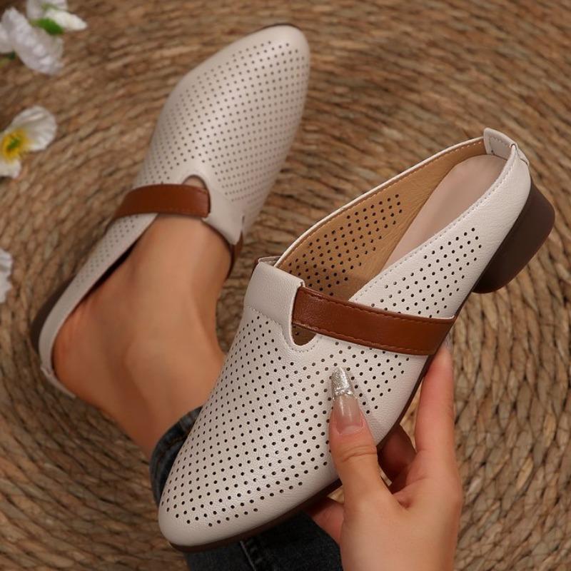 Fashion New Soft and Comfortable Leather Mid Heels Slides Women Slippers Hollow Out Summer Shoes Slip On Close Round Toe Flats Slippers