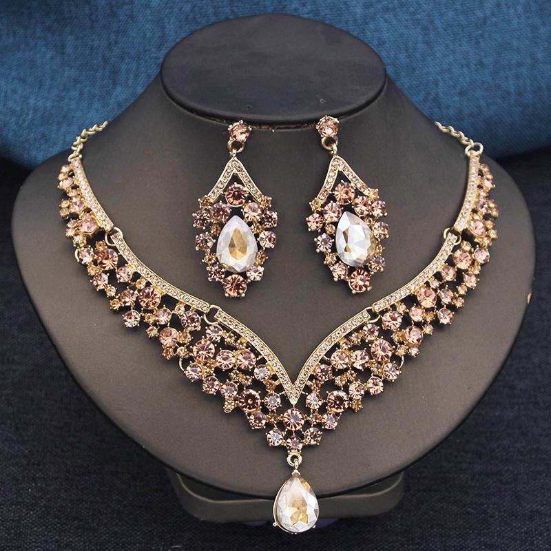 Elegant 2pcs Rhinestone Crystal Choker Necklace Sets for Women Fashion Jewelry Sets Bridal Wedding Dubai Necklace Earrings Set