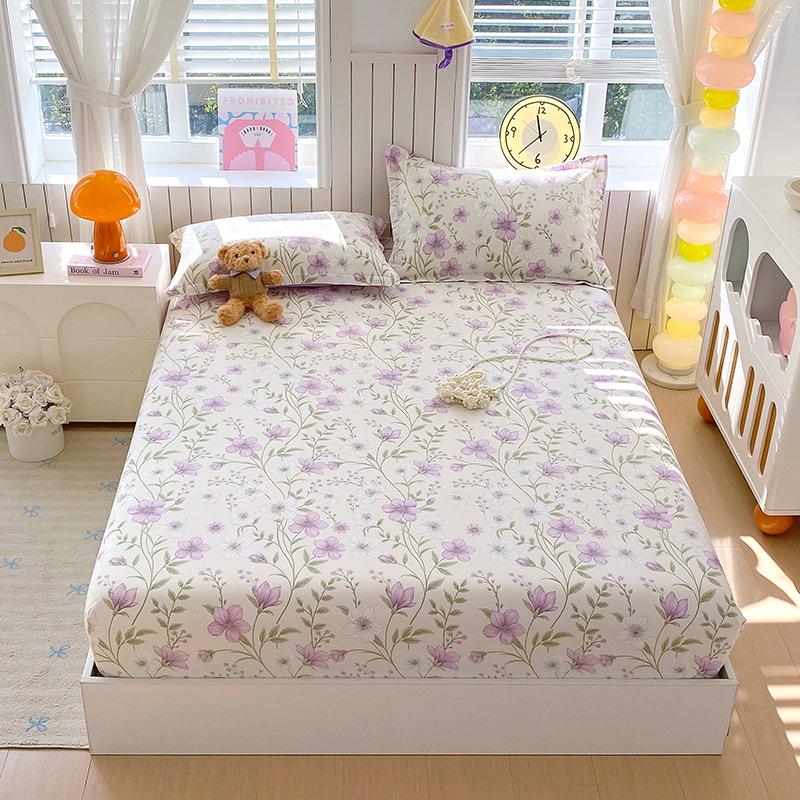 Pure Cotton Printed Single Bed Sheet Set - Fitted Sheet, Protective Cover, Pad Cover (3 Pieces)