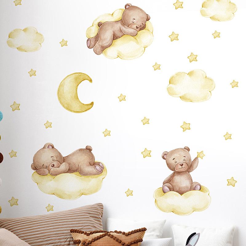 Cartoon Blue Teddy Bear Moon Wall Stickers For Kids Room Baby Nursery Decor Bedroom Wall Decals
