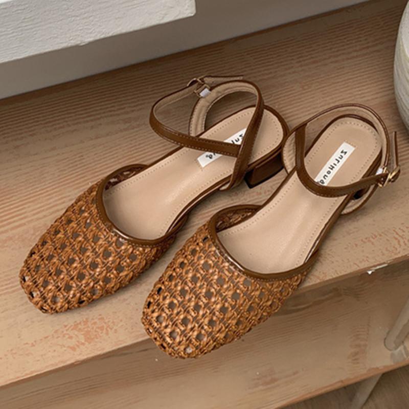 Fashion Vintage Woven Hollow Sandals Women Fashion Round Toe Ankle Strap Buckle Casual Shoes Elegant Comfortable Sandalias De Mujer