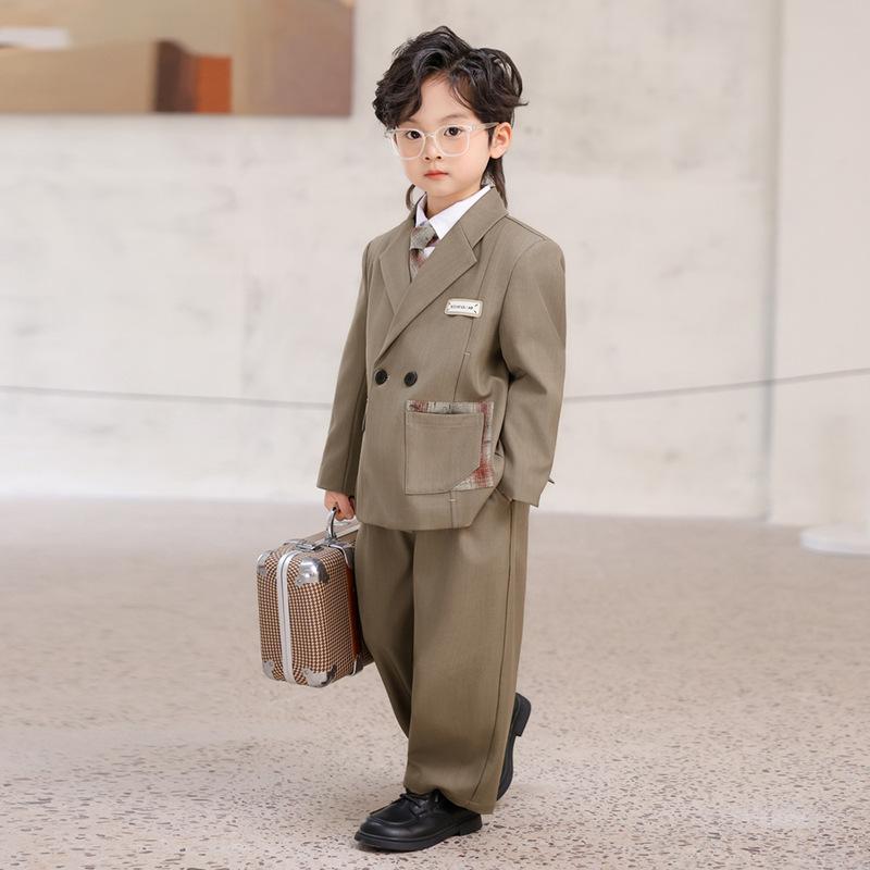 Boys Formal Suit Set Double Breasted Blazer Long Sleeve Shirt Tie Pants Kids Outfit for Wedding Party School Performance 2-12 Y