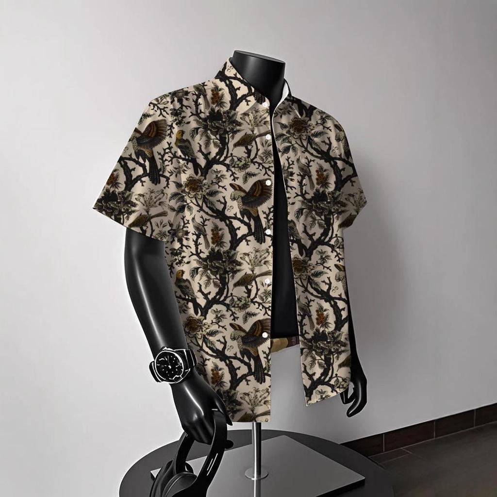 Men's Vintage Hong Kong-Style Hawaiian Floral Short-Sleeve Shirt: Trendy Summer Beachwear for Couples