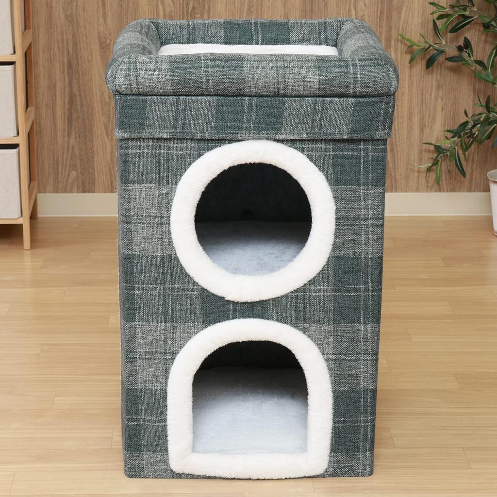 Fujiboeki Pet House/Pet Bed, 2-Room, 40cm Wide X 40cm Deep X 65cm High, Gray, Checkered Pattern, for Dogs and Cats, with Roof Bed, 53720, Small
