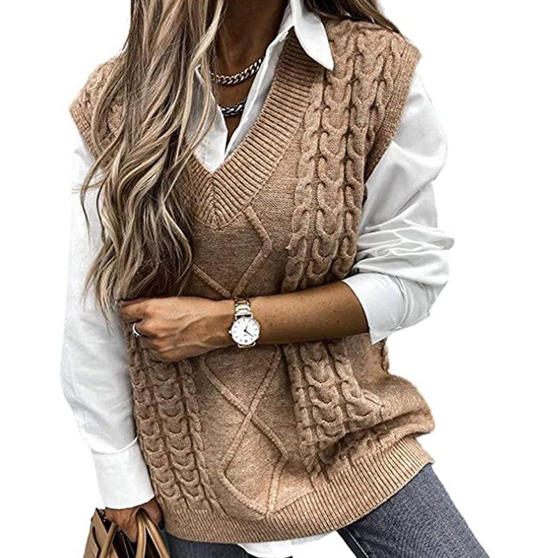 Nuovo maglione autunno/inverno da donna, gilet largo alla moda, maglione a trecce senza maniche con scollo a V ampio, stile europeo e americano