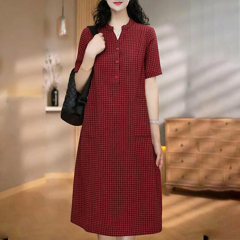 ZANZEA Women Casual Button Round Neck Short Sleeve Plaid Print Dress