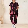 Women Plus Size Colorful Abstract Wave Star Print Scrub Set Short Sleeve V Neck Top And Wide Long Pants Medical Suit