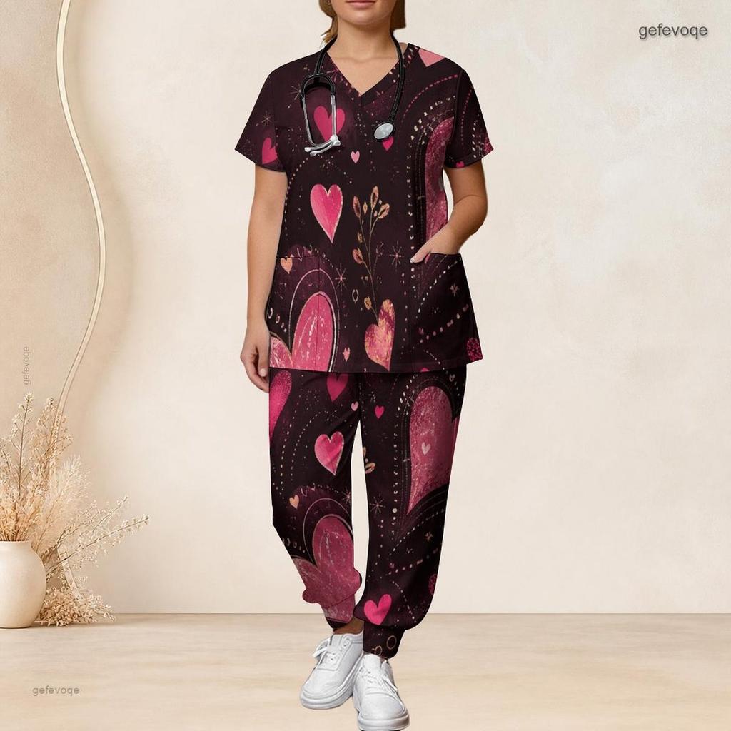 Women Plus Size Colorful Abstract Wave Star Print Scrub Set Short Sleeve V Neck Top And Wide Long Pants Medical Suit