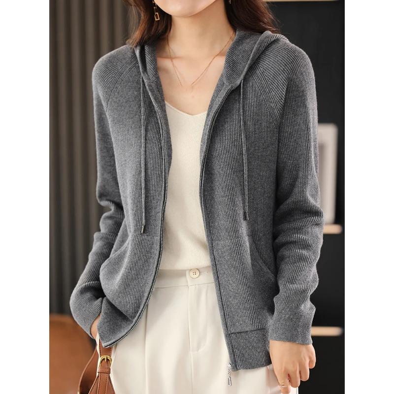 Damen Herbst Winter Wollmischung Pullover Mit Kapuze Verdickt Gestrickt Reißverschluss Strickjacke Mit Tasche Basis Mantel