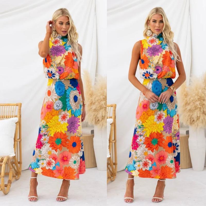 Women's Holiday Fashion Print Sleeveless Halter Waist Dress