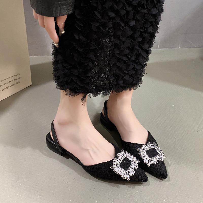 2025 New Summer Fairy Style Temperament Shallow Mouth Pointed Head Rhinestone Square Buckle Thin Heel Bag Head Rear Empty Low Heel Sandals Woman
