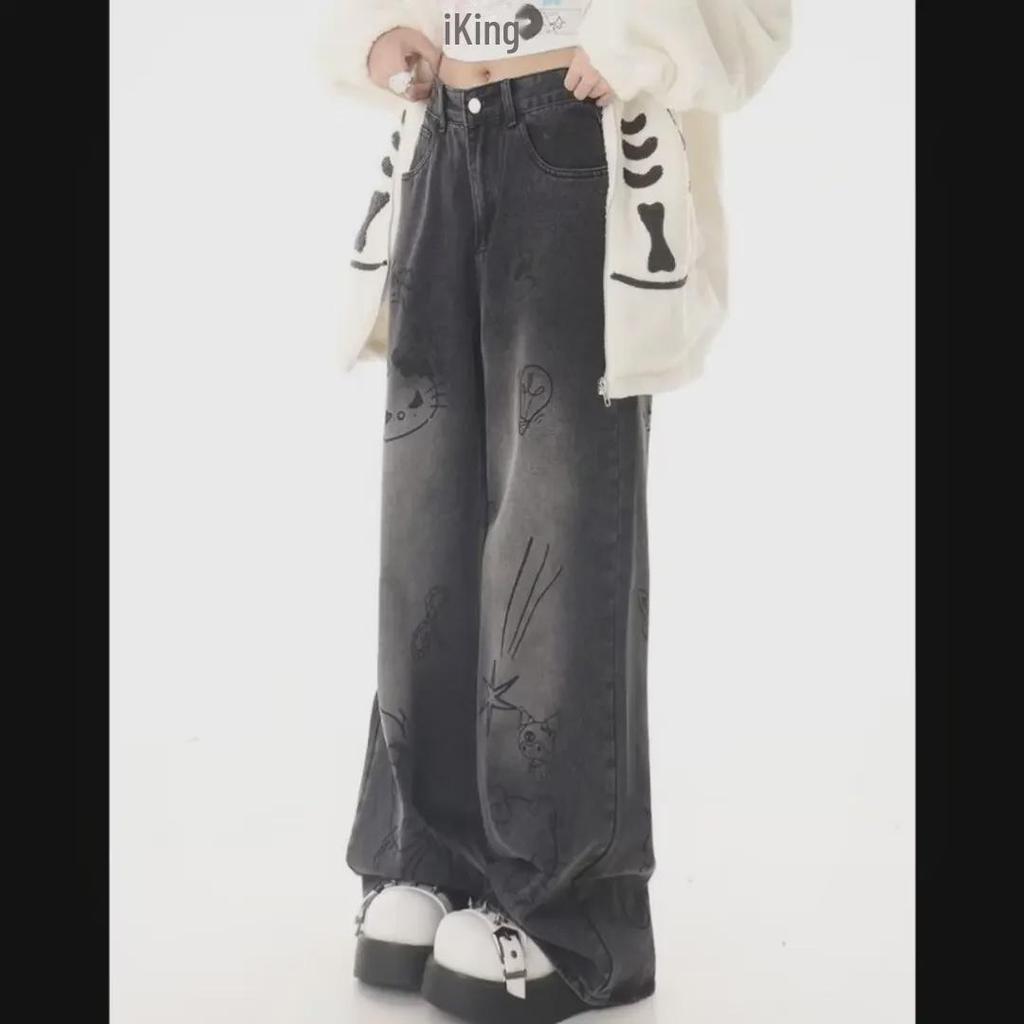 Übergroße Jeans mit weitem Bein und Cartoon-Graffiti-Motiv für Damen – Herbst/Winter, Retro-Streetstyle