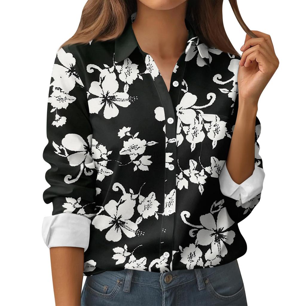 Women's Button Down Prints Shirt Long Sleeve Shirt Business Work Tops Casual With Pockets Jacket