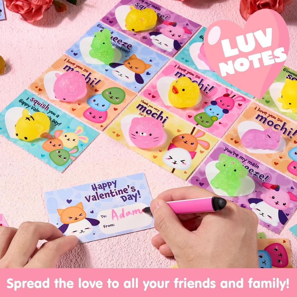 28 Packs Valentine's Day Present Cards featuring Glitter Mochi Squishy Playthings to Squeeze Cute And Charming Stress Relief Fidget Toy