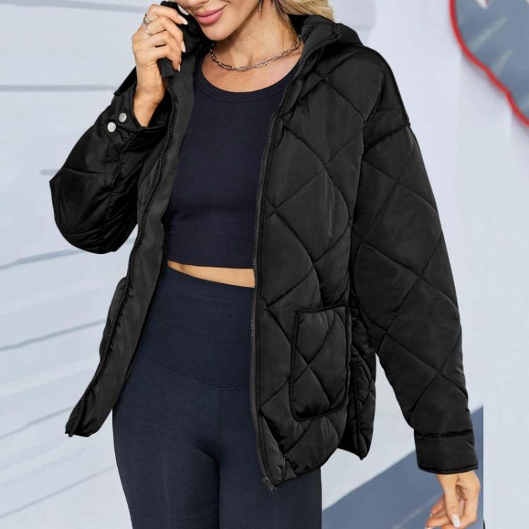 Dame Moteable Løs Hettejakke med Glidelås Langermet Ensfarget Bomullsjakke med Stor Lomme og Splitt