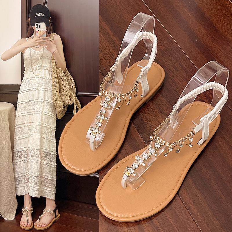 Fashion Beige Heeled Sandals Low-Heeled Shoes With Strap Large Size 2025 Women's Flip Flops Platform Black Low-heeled Girls Big Rhinesto