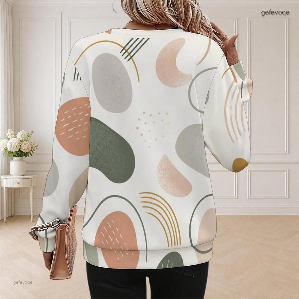 Women Plus Size Round Neck Long Sleeve Abstract Printed Casual Pullover Sweatshirt
