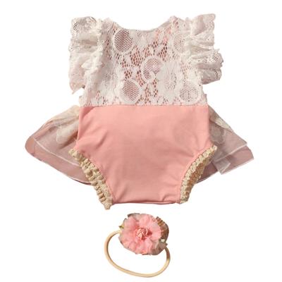 Baby Stirnband mit Rüschenbesatz, Schleife und Spitzendetail mit passendem Jumpsuit-Outfit, Requisiten für Fotoshootings und Feiern
