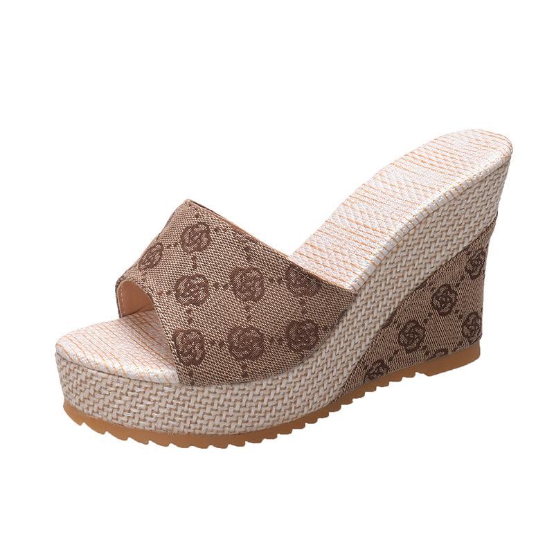 

Foreign trade new Womens Wedge Slippers slope heel sandals women s one-character embroidered platform slippers women 34
