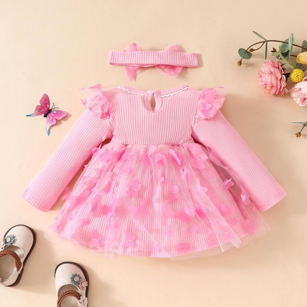 Infant Girls' Butterfly Mesh Dress with Headband and Long Sleeve Ribbed Jumpsuit